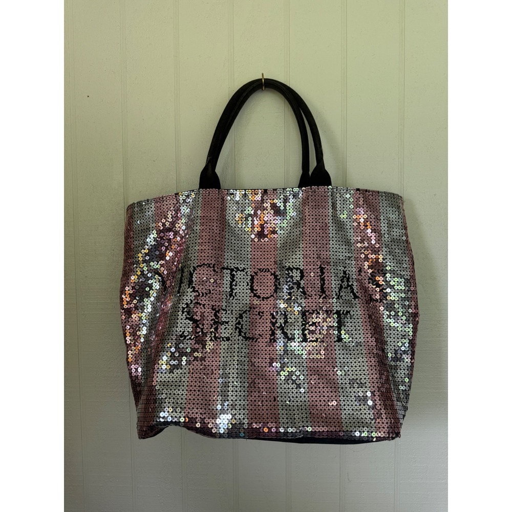Victoria's Secret Pink Silver Striped Sequin Logo Tote Bag Black Canvas Zipper